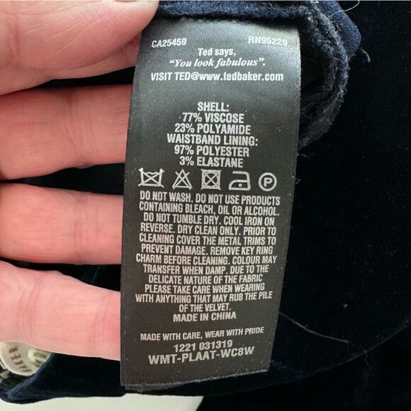 Ted Baker Navy Velvet Plaat Cropped Trouser Pants Sz 1 - Picture 9 of 11